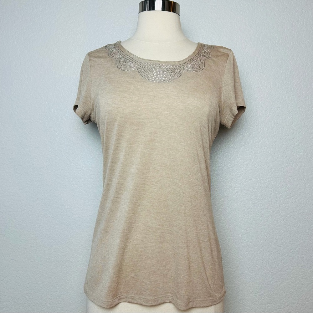 The Limited Top Women's S Tan Cap Sleeve Embroidered Crew Neck Stretch Shirt